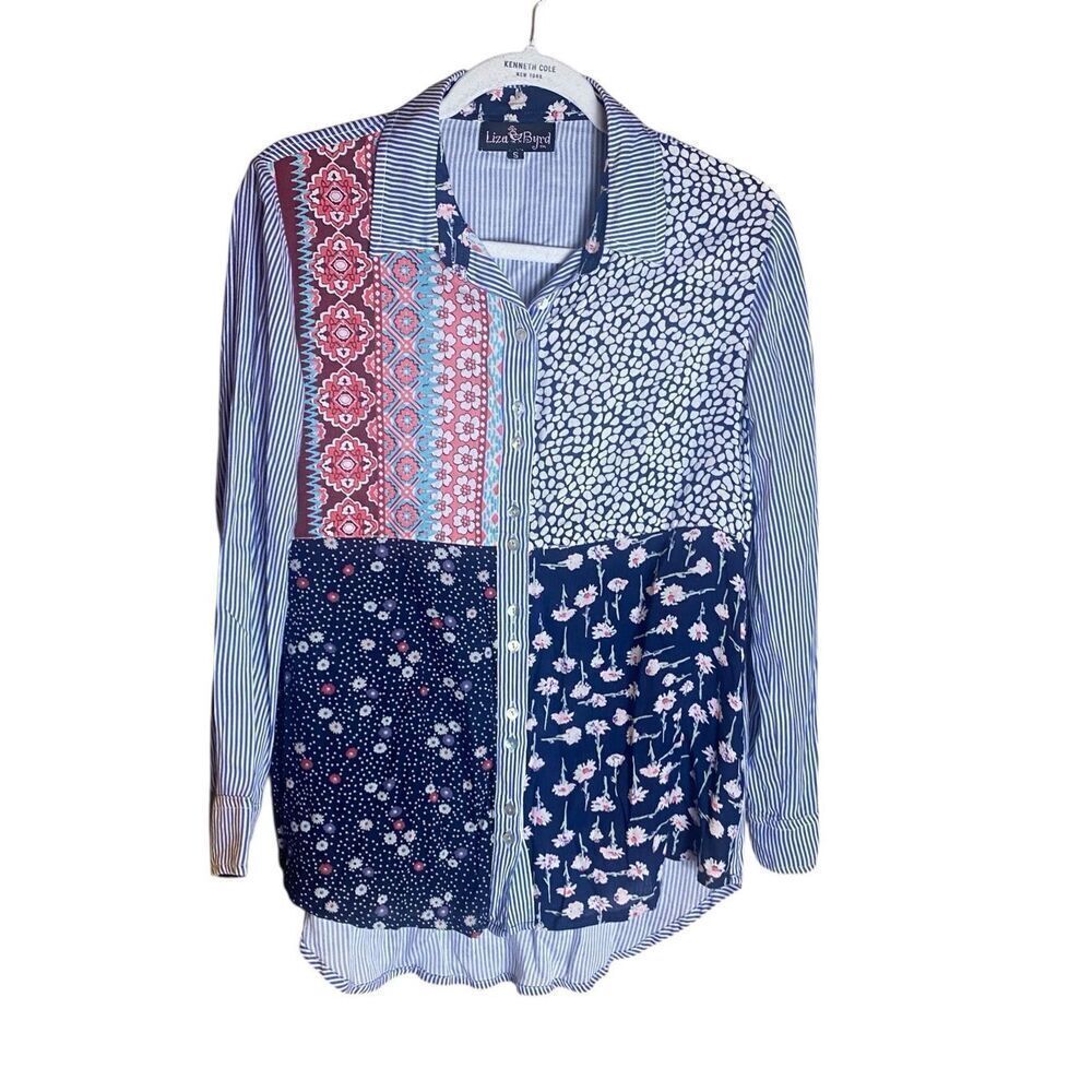 Liza Byrd Patchwork Button Down Shirt Women’s Small Rayon Long Sleeve Boho Chic